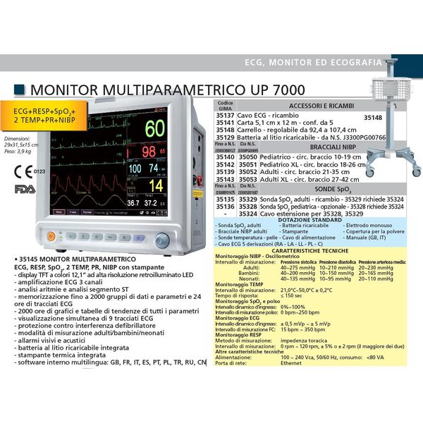 MONITOR MULTIPARAMETRICO PAZIENTE UP7000 - display 12,1" - con SpO2, PR, NIBP, TEMP, ECG, RESP