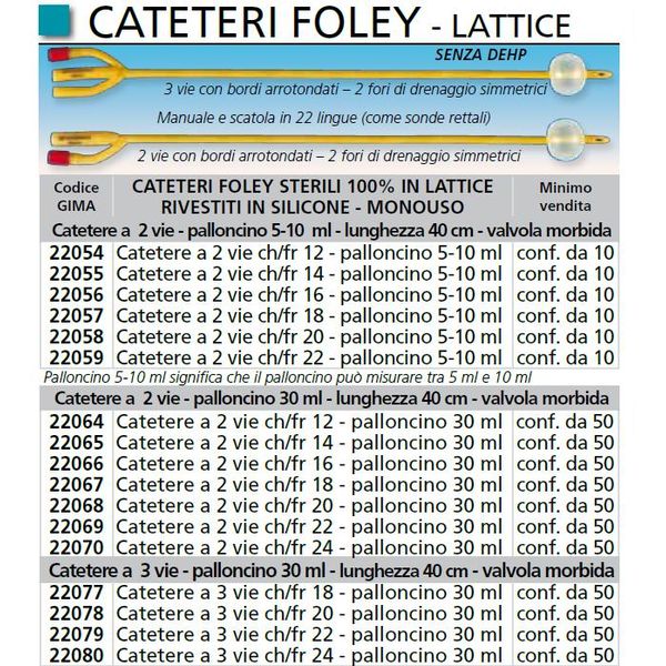 CATETERE FOLEY 2 VIE + PALLONCINO - lungh.40cm - sterile - conf.50pz - varie misure