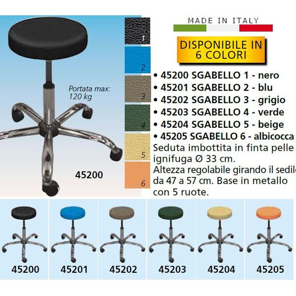 SGABELLO GIREVOLE CON SEDILE IMBOTTITO in similpelle - sedutaØ30cm - altezza regolabile 50-60cm - vari colori