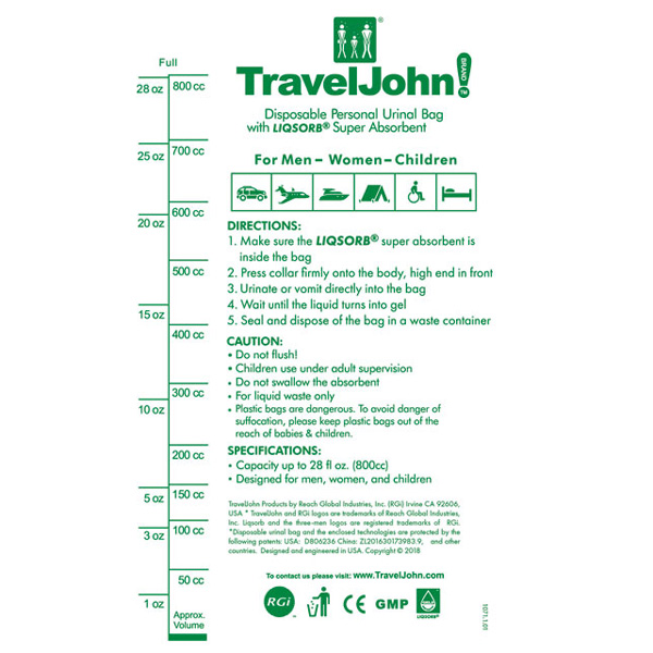 SACCA URINA PORTATILE MONOUSO IN CARTA TRAVEL JOHN -> 800ml - conf.4pz