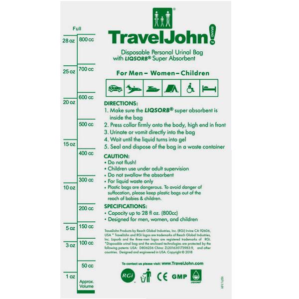 SACCA URINA PORTATILE MONOUSO IN CARTA TRAVEL JOHN -> 800ml - conf.4pz 