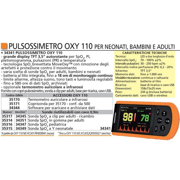 PULSOSSIMETRO SATURIMETRO PALMARE CONTEC OXY 110 - sensore SpO2 adulti, base ricarica e cavo USB 