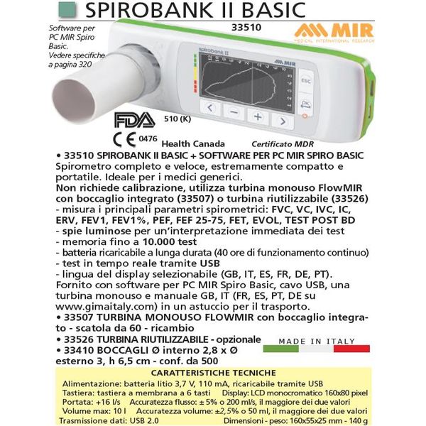 SPIROMETRO PORTATILE SPIROBANK II BASIC + software PC MIR SPIRO BASIC