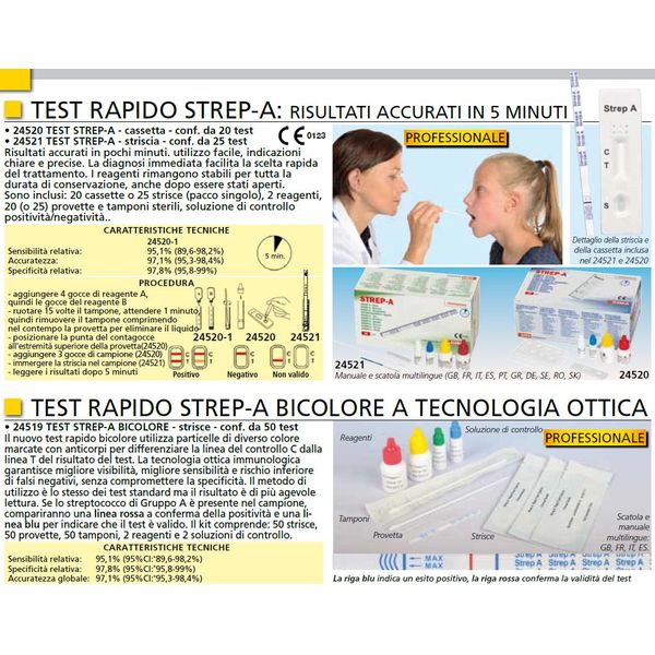 TEST STREP-A STREPTOCOCCO ANALISI TAMPONE FARINGEO BICOLORE A TECNOLOGIA OTTICA - uso professionale - conf.50pz