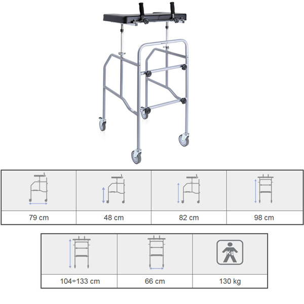 DEAMBULATORE PIEGHEVOLE - 2 RUOTE ANTERIORI PIROETTANTI + 2 RUOTE POSTERIORI con blocco - portata 130kg