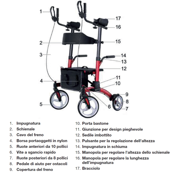 DEAMBULATORE PIEGHEVOLE DA ESTERNO COMPATTO - con porta bastone e borsa - 4 RUOTE con freni - portata 136kg