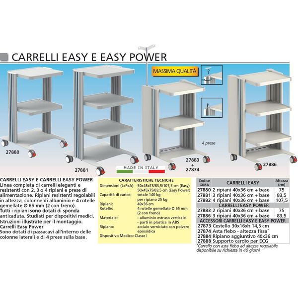 CARRELLO EASY POWER - 3 ripiani - con prese elettriche e passacavi - 50x45xh.83,5cm