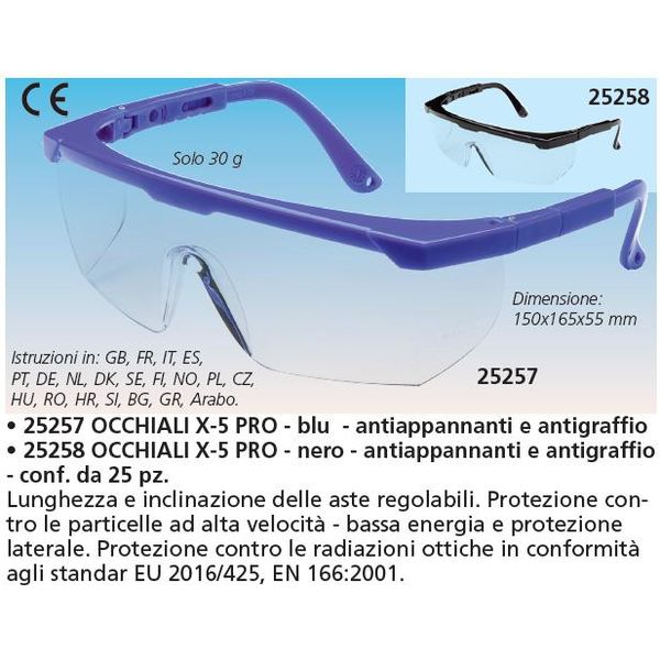 OCCHIALI DI SICUREZZA A PROTEZIONE LATERALE X5-PRO per radiazioni ottiche - antiappannanti - neri - conf. 25pz